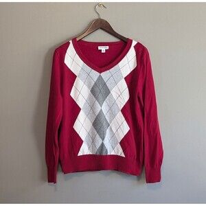St John's Bay Size Large Argyle V-neck Sweater Pullover Womens Red White SJB